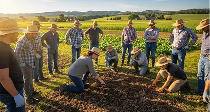 Group of farmers inspecting soil together in an open field